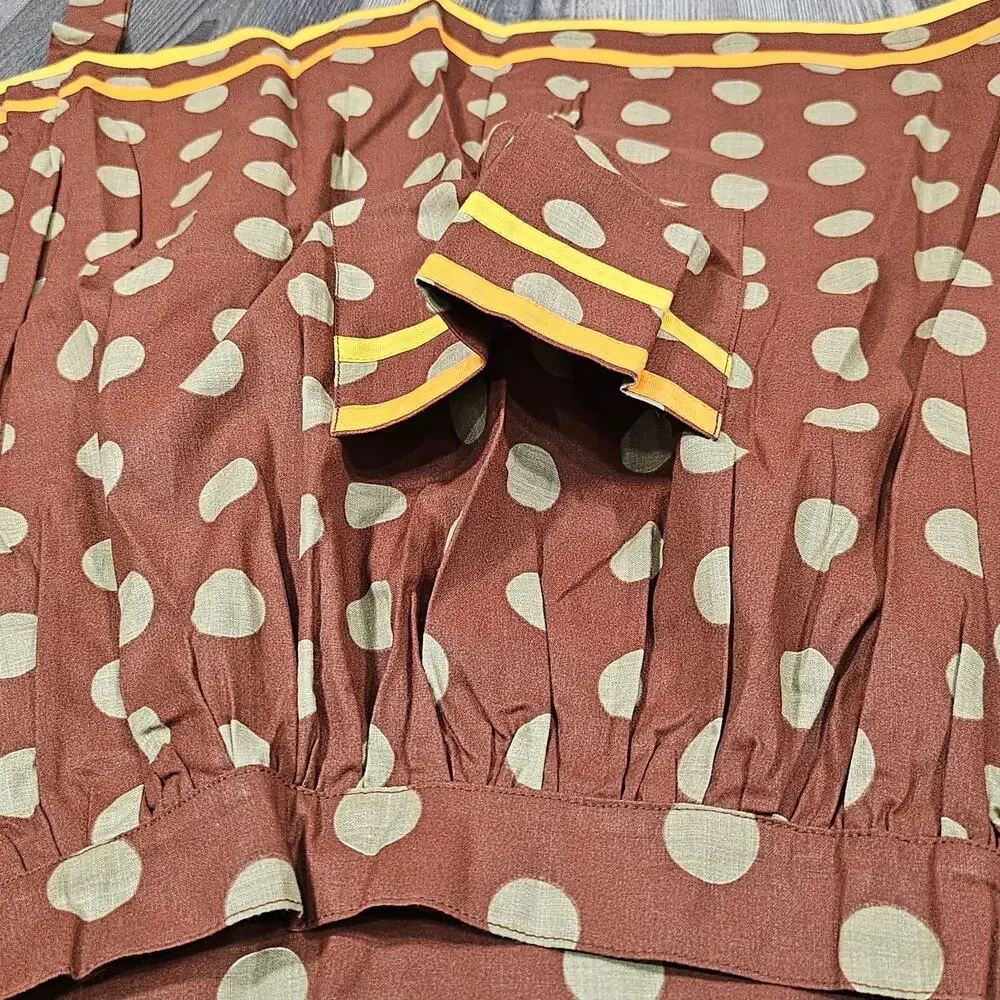 BROWN POLKADOT WAIST APRON – HANDMADE – RETRO STYLE – YELLOW TRIM – CLEAN
